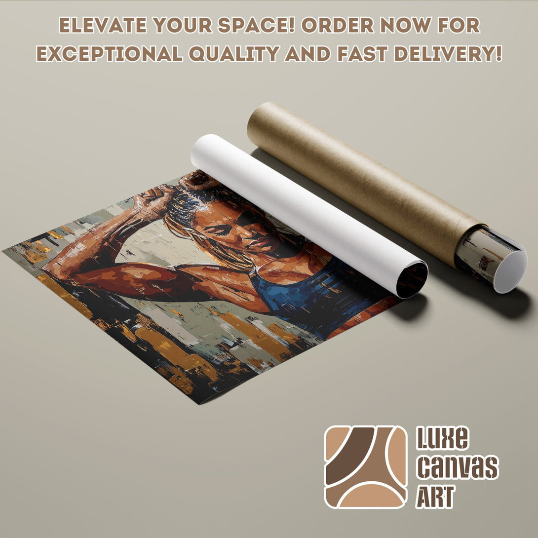 Abstract art poster roll featuring a woman, warm color palette. Order your poster today!