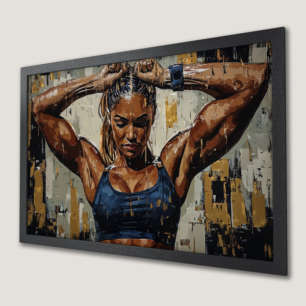 Framed Poster: Abstract art of a fit woman in a blue sports bra, warm brown and gold tones. Perfect for gym decor or fitness inspiration.