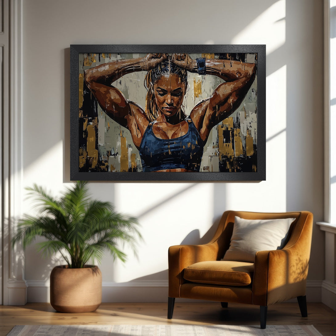 Framed Poster of a strong woman in a modern, abstract style. Earthy tones of brown, gold, and blue create a powerful art piece.