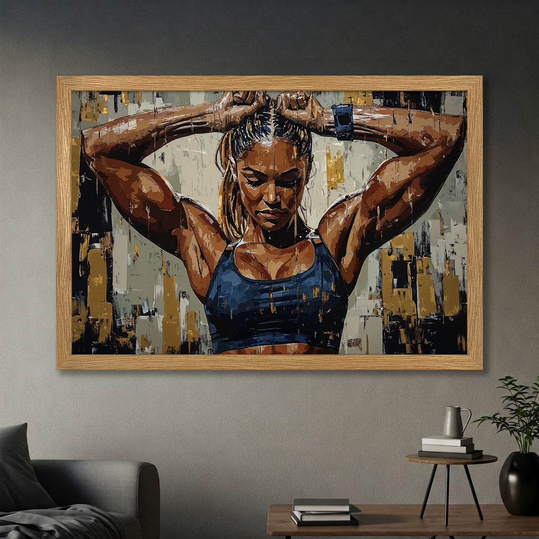 Framed Poster of a strong woman in a blue sports bra, abstract art style with brown, gold, and grey tones. Perfect for fitness enthusiasts!
