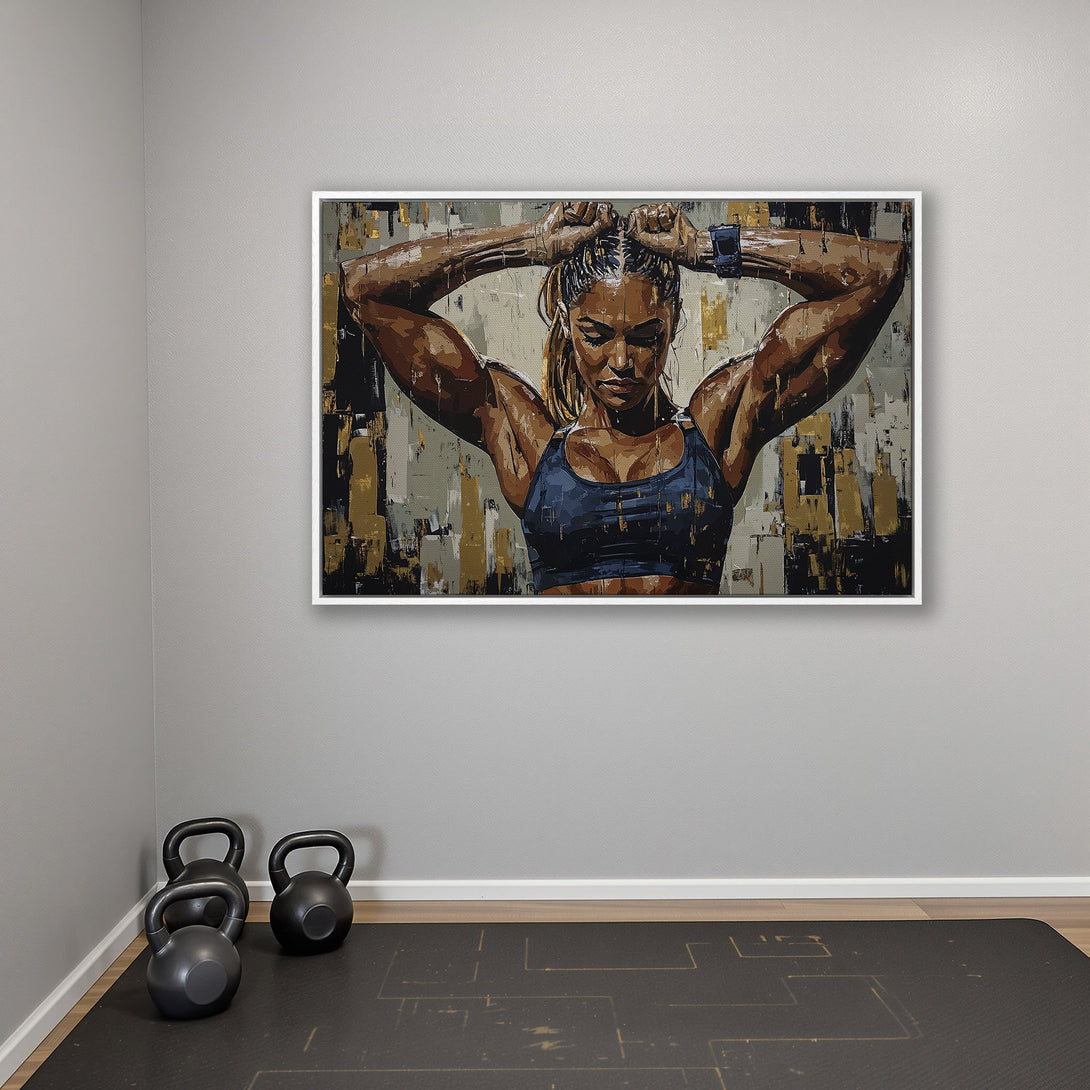 Framed Wall Art of a strong woman in a gym, abstract style with brown, gold, and blue tones. Perfect for fitness enthusiasts and home decor.