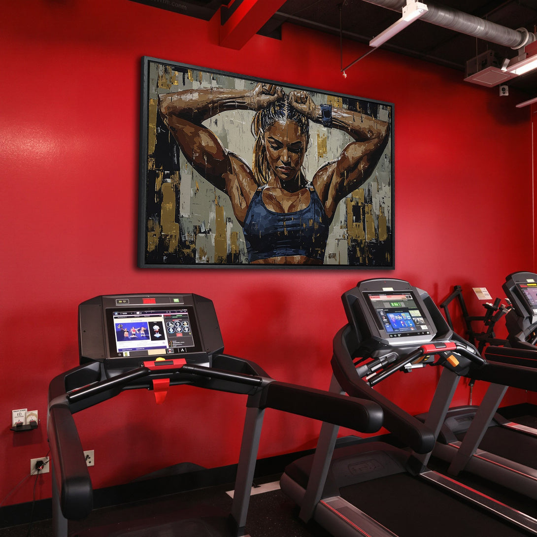 Framed Wall Art of a strong woman in a gym. Abstract style with a neutral and red color palette. Perfect for fitness enthusiasts!