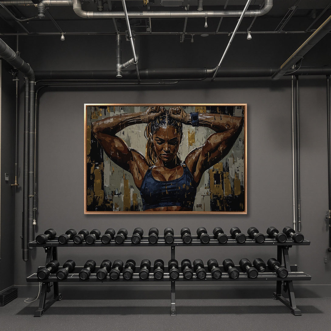 Framed Wall Art of a strong woman in a gym. Abstract style with a brown, blue, and grey color palette. Perfect for home gym decor.
