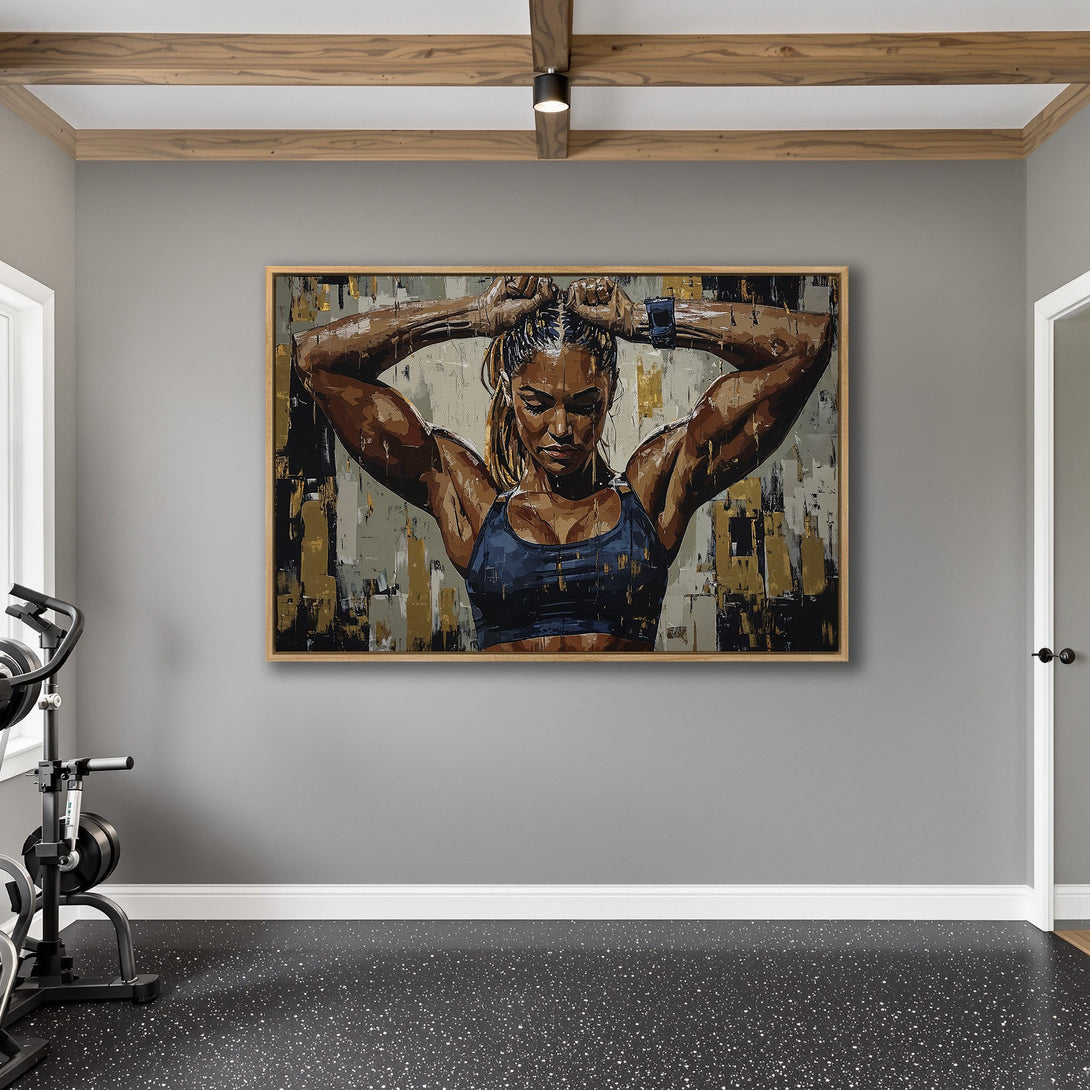 Framed Wall Art: Abstract painting of a woman in a gym. Earthy tones with blue accents. Modern art for home decor.