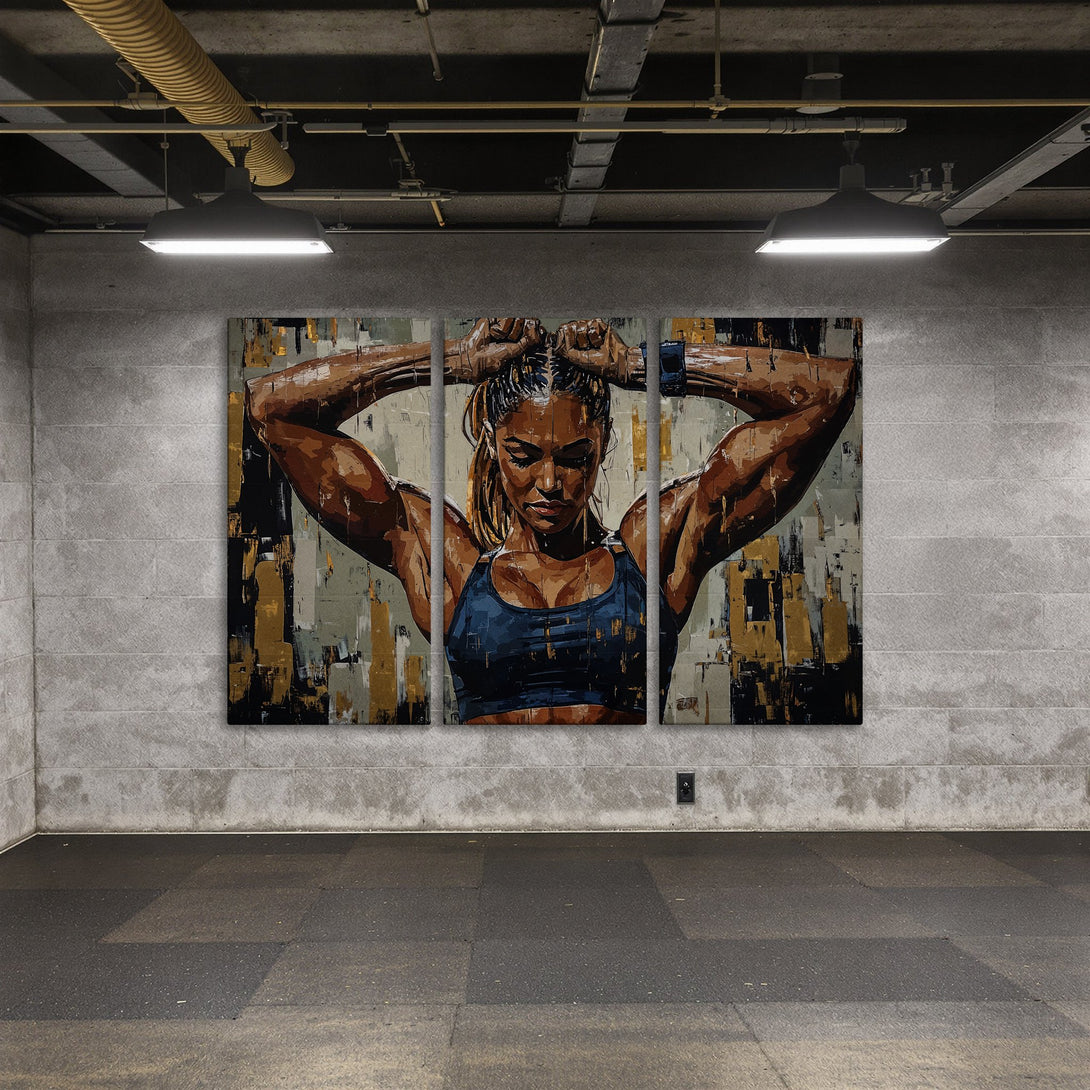Canvas Print of a strong woman in a gym, abstract style, earthy tones with gold accents. Perfect wall art for your home gym.