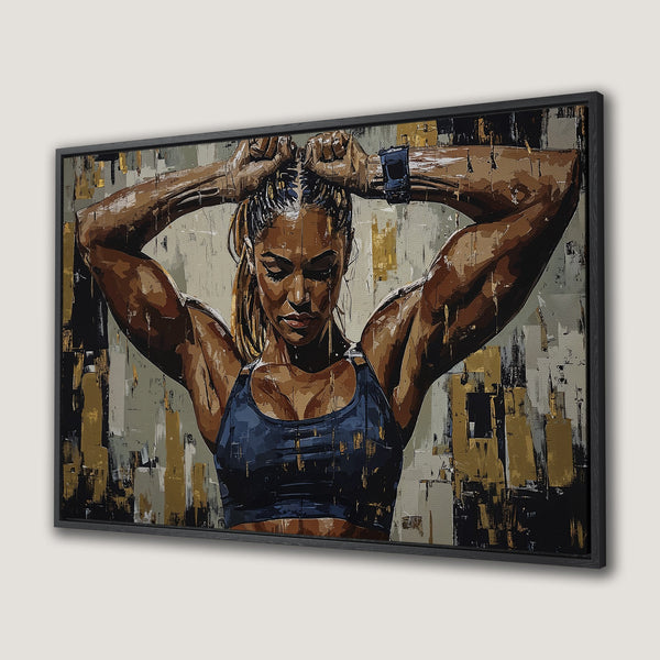 Framed Wall Art: Powerful woman athlete canvas print, abstract style, neutral & gold palette. Perfect for home gym decor.
