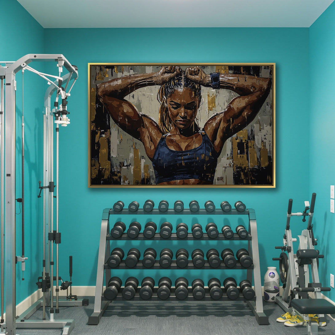 Canvas Print of a muscular woman in a gym, abstract style, neutral and gold tones. Perfect fitness wall art for your home!