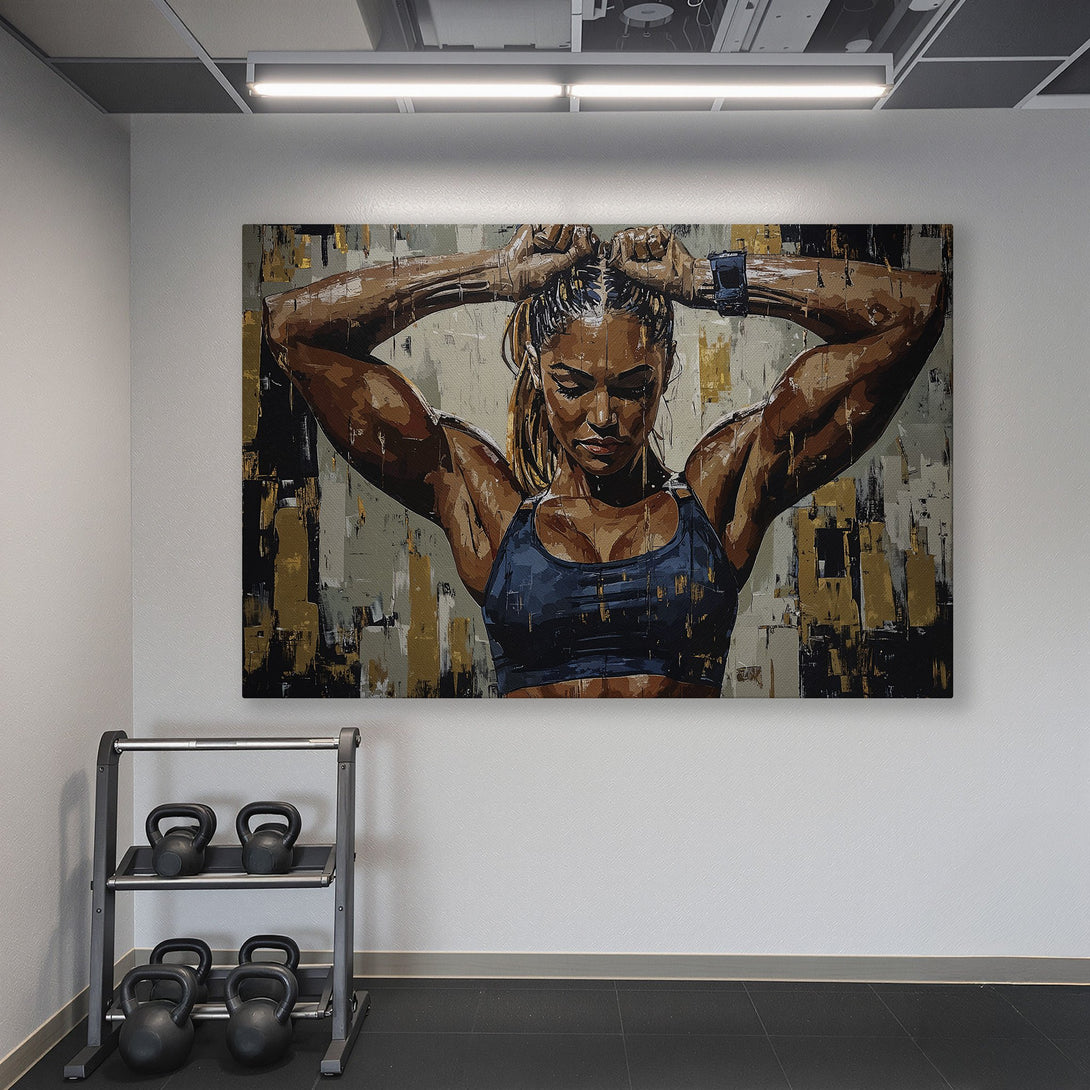 Framed Wall Art: Powerful woman portrait in abstract style, gold & neutral tones. Adds inspiration to any space! Perfect for gym or home decor.