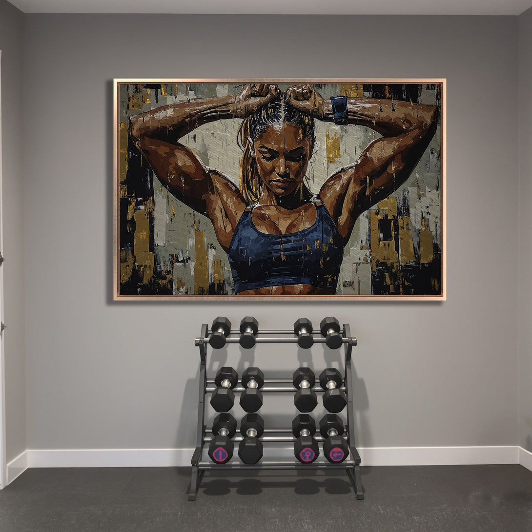Framed Wall Art: Abstract portrait of a woman in a gym. Earthy tones with gold accents. Perfect for fitness enthusiasts!