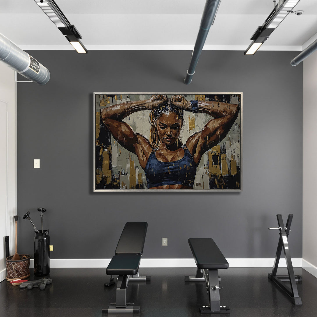 Framed Wall Art featuring a strong woman in a gym setting. Modern abstract style with a neutral, gold, and blue color palette. Perfect for home gyms!