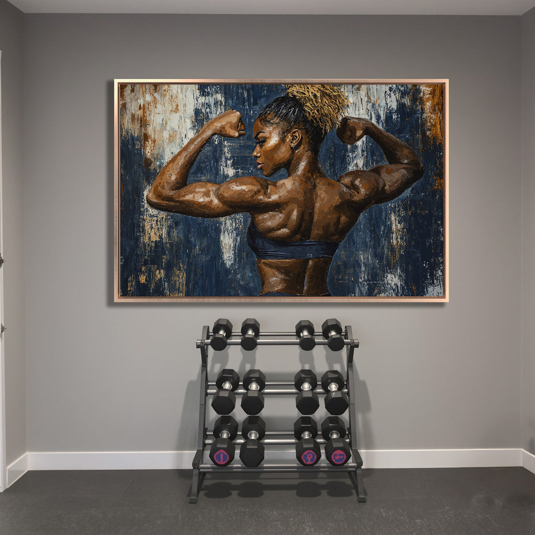 Framed Wall Art: Powerful woman flexing muscles, abstract style with blue, brown, and gold tones. Perfect for gym decor or motivational art.