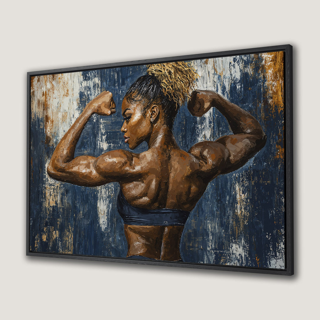 Framed Wall Art: Powerful woman flexing muscles, abstract painting with blue, brown, and gold tones. Perfect for home gym or inspiring decor.