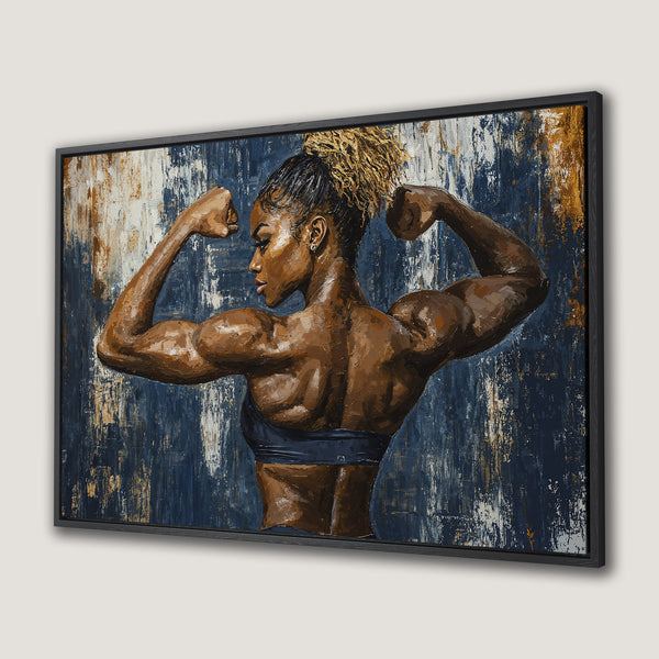 Framed Wall Art: Powerful woman flexing muscles, abstract painting with blue, brown, and gold tones. Perfect for home gym or inspiring decor.