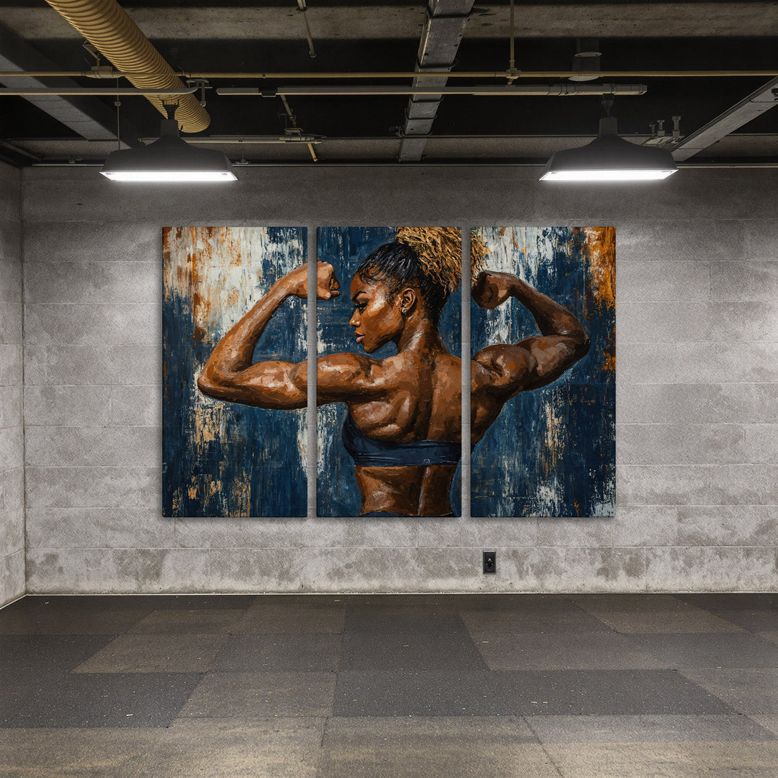 Canvas Print featuring a powerful woman flexing, abstract style, blue and brown palette. Add strength and style to your space!