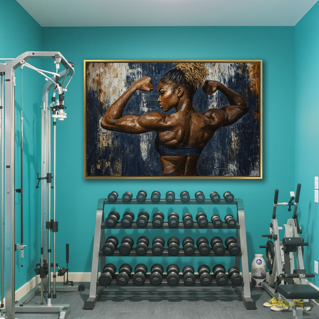 Canvas Print of a strong woman flexing. Abstract style with blue, brown, and gold tones. Perfect for gym decor or inspirational art.