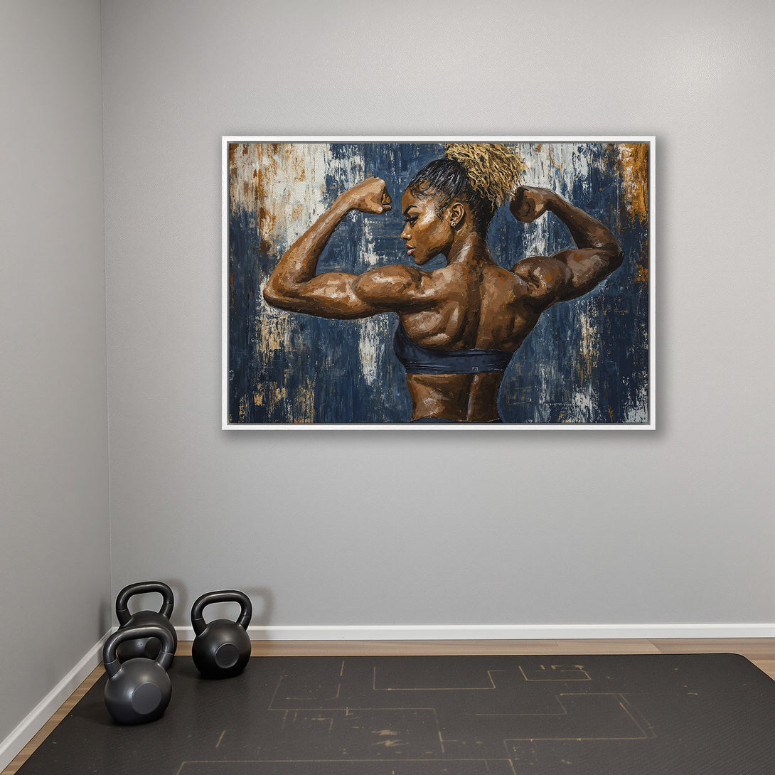 Framed Wall Art: Powerful woman flexing muscles. Abstract painting with blue, brown, and gold tones. Perfect for home gym decor.