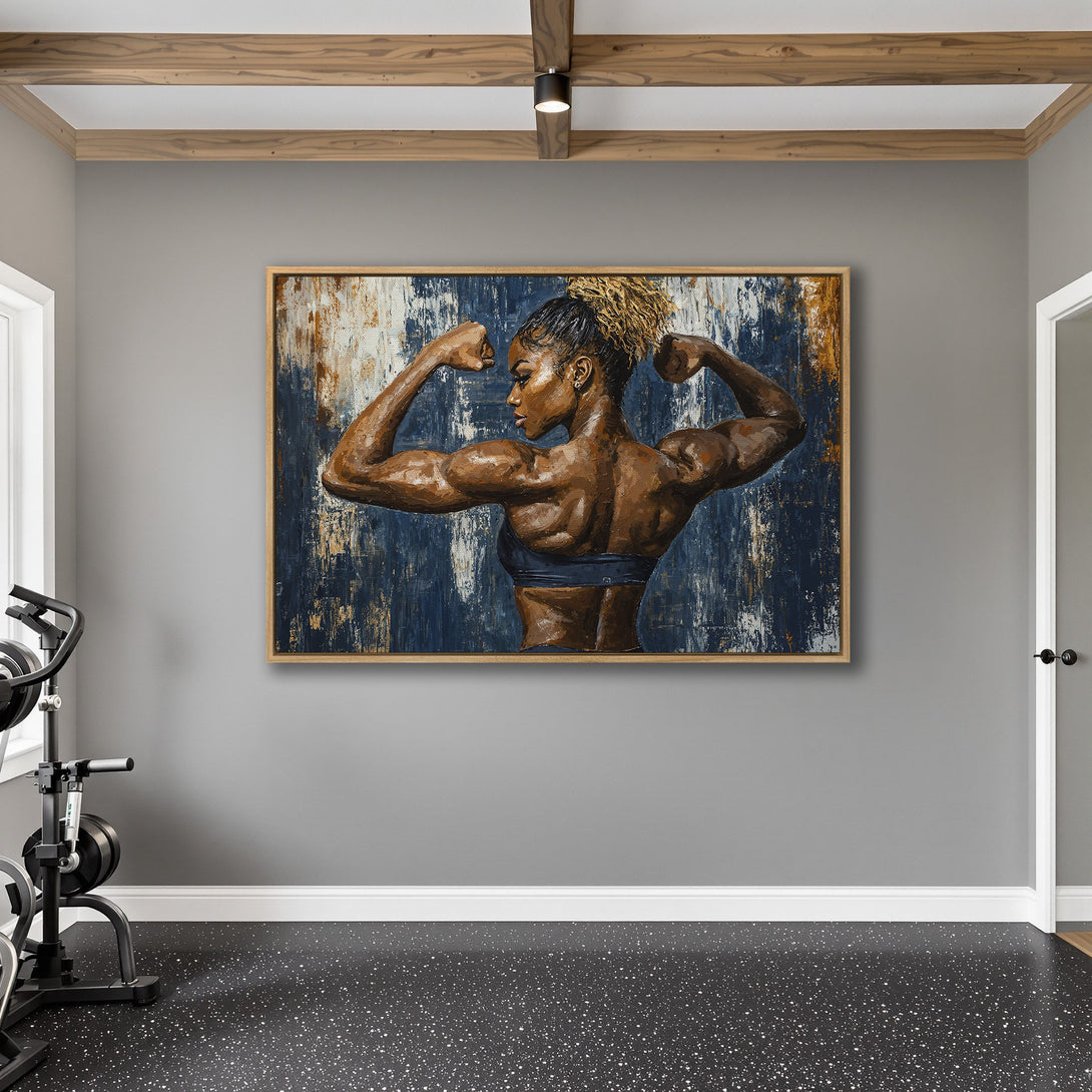 Framed Wall Art: Powerful woman flexing muscles. Abstract style with blue, brown, and gold tones. Perfect for a home gym or fitness space.
