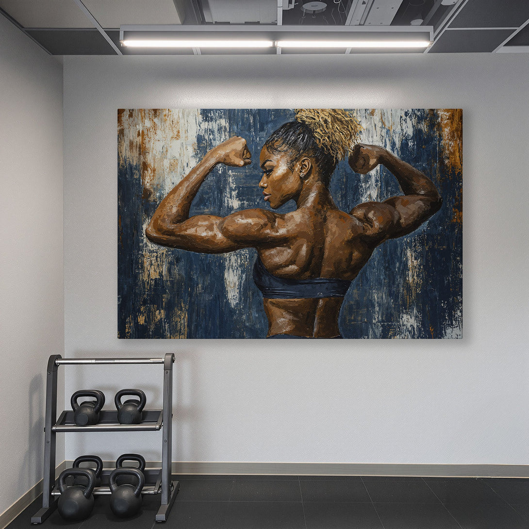 Framed Wall Art: Powerful woman flexing muscles. Abstract style, rich browns & blues. Perfect for a home gym. Elevate your space!