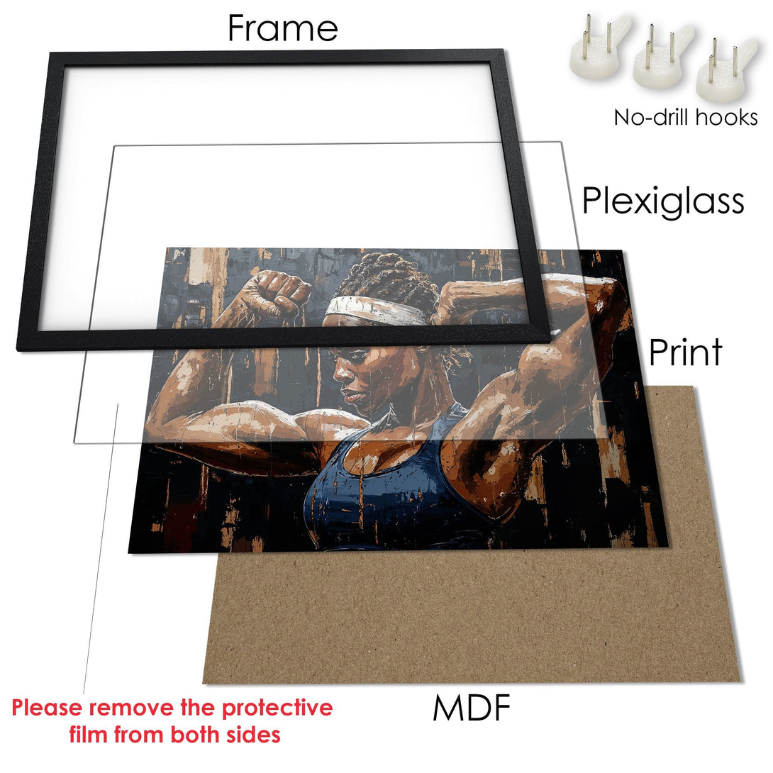 Framed Poster of a strong woman in a bold, abstract style. Featuring a dark, earthy color palette. Perfect for your home gym!