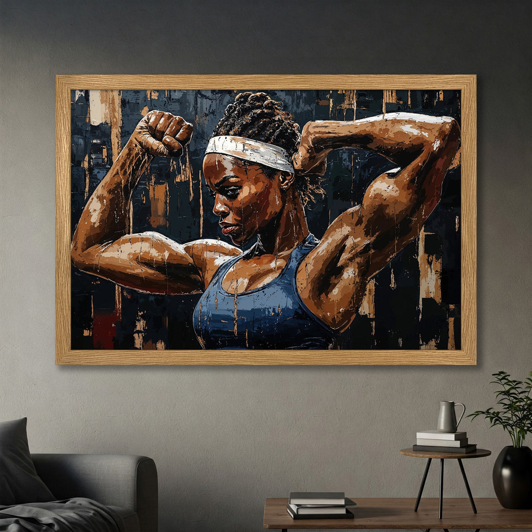 Framed Poster of a strong woman flexing. Abstract art style with a dark, moody color palette of browns, blues, and blacks. Perfect for your home gym!