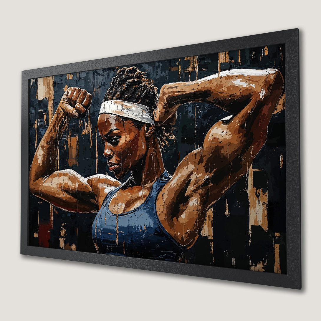 Framed Poster of a strong woman flexing, artistic style, with a blue, brown, and black color palette. Perfect for your home gym!