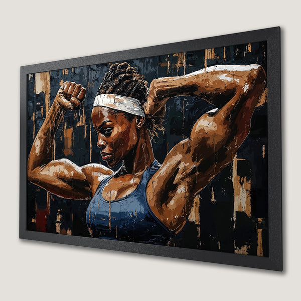 Framed Poster of a strong woman flexing, artistic style, with a blue, brown, and black color palette. Perfect for your home gym!