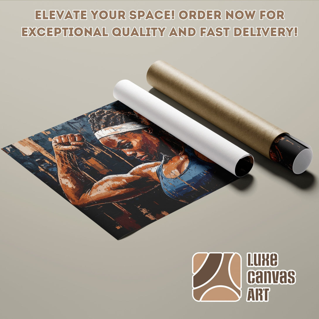 Poster Roll featuring a strong woman in a modern art style with a blue and brown palette. Order now!