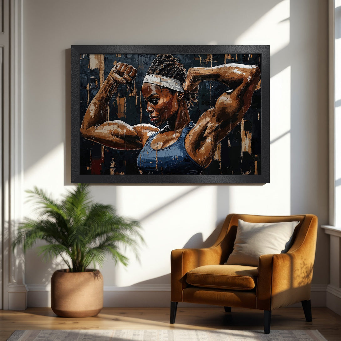 Framed Poster of a strong woman flexing. Abstract style, earthy brown and blue color palette. Perfect wall art for your space.
