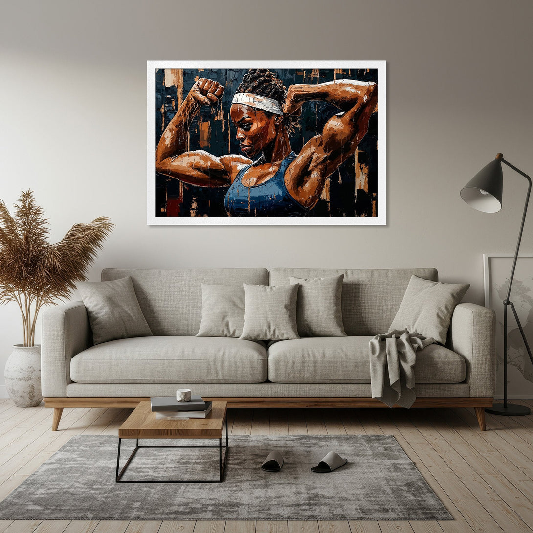 Framed Poster featuring a strong woman in an abstract style, with a dark, warm color palette. Perfect for home decor!