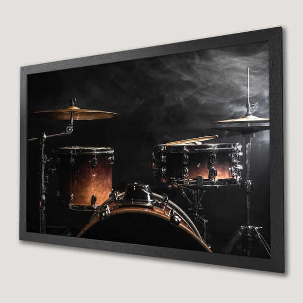 Framed Poster featuring a drum set, dramatic style, with a dark, smoky aesthetic and warm brown tones.