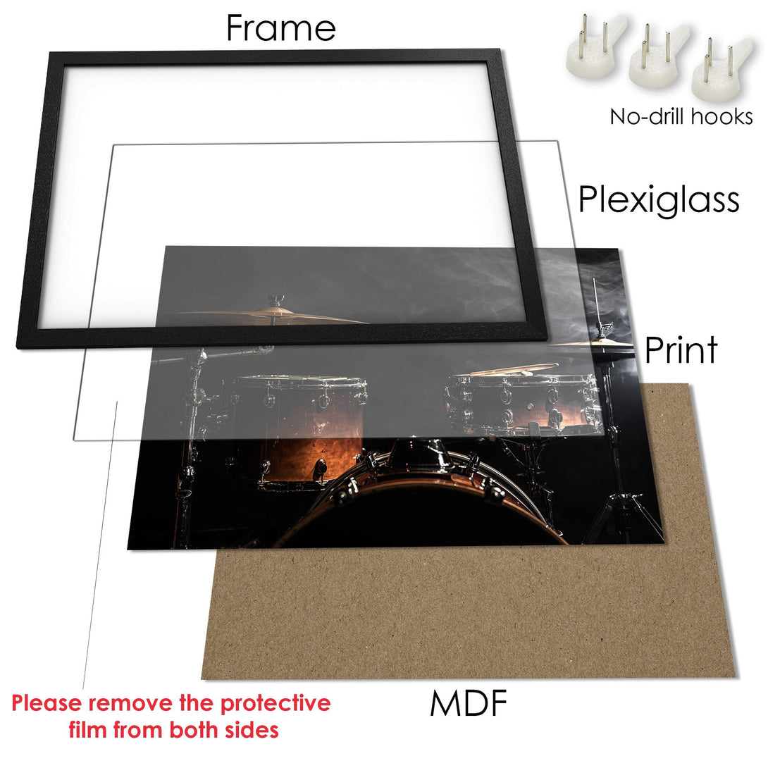 Framed Poster of a drum set, dark and moody style, with a warm, brown and black color palette.