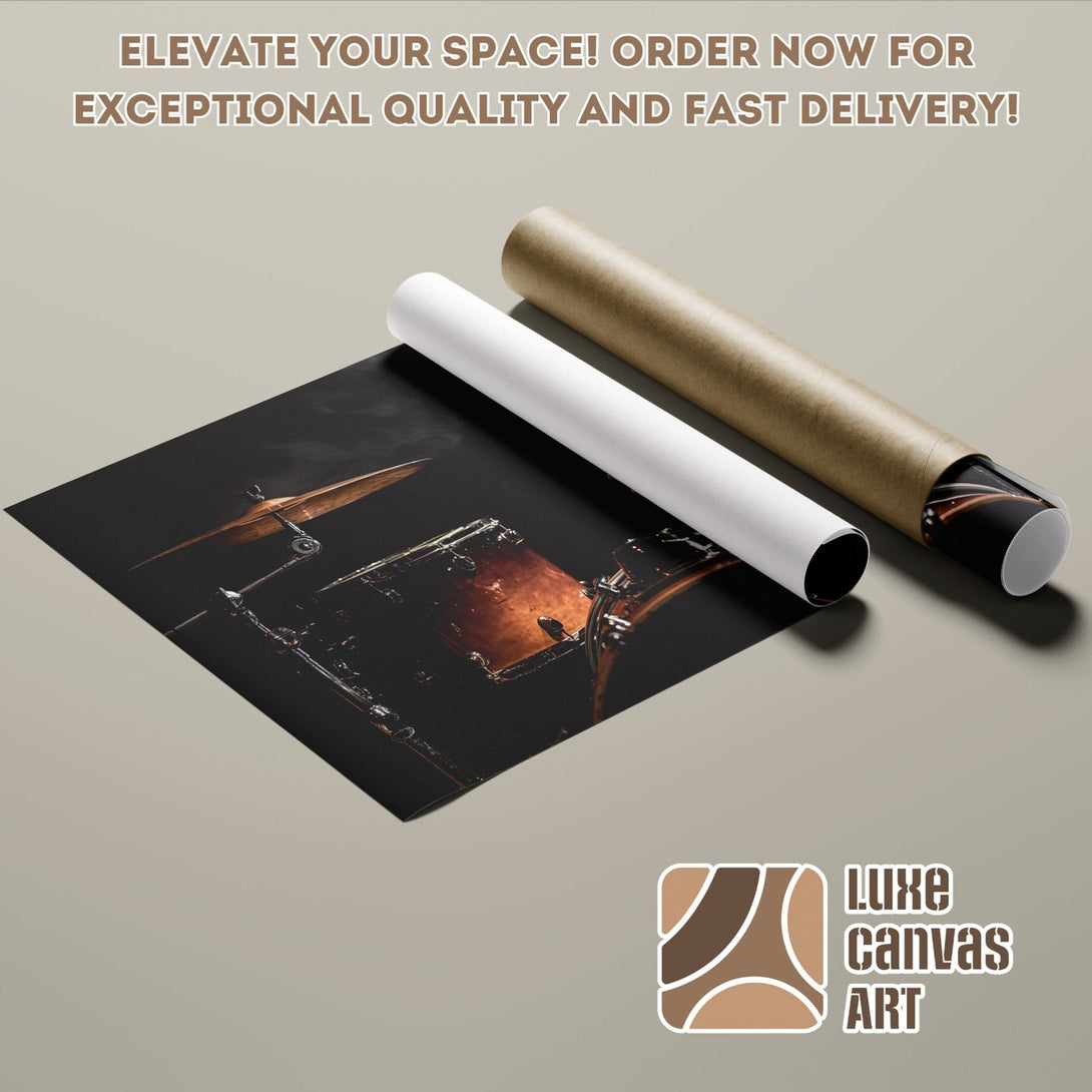 Poster Roll featuring a drum set, dark style, warm color palette. Elevate your space with Luxe Canvas Art!