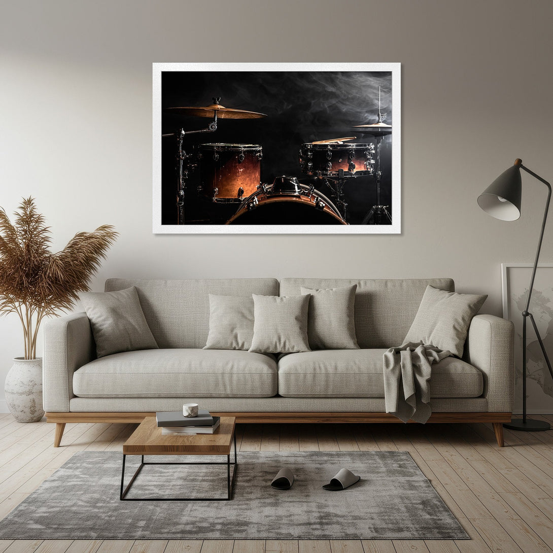 Framed Poster of a drum set in a dark, moody style with warm brown and black tones. Perfect wall art for music lovers!