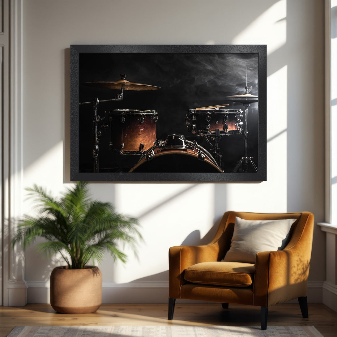 Framed Poster of a drum set in a moody style with a warm, brown color palette. Perfect for music lovers!