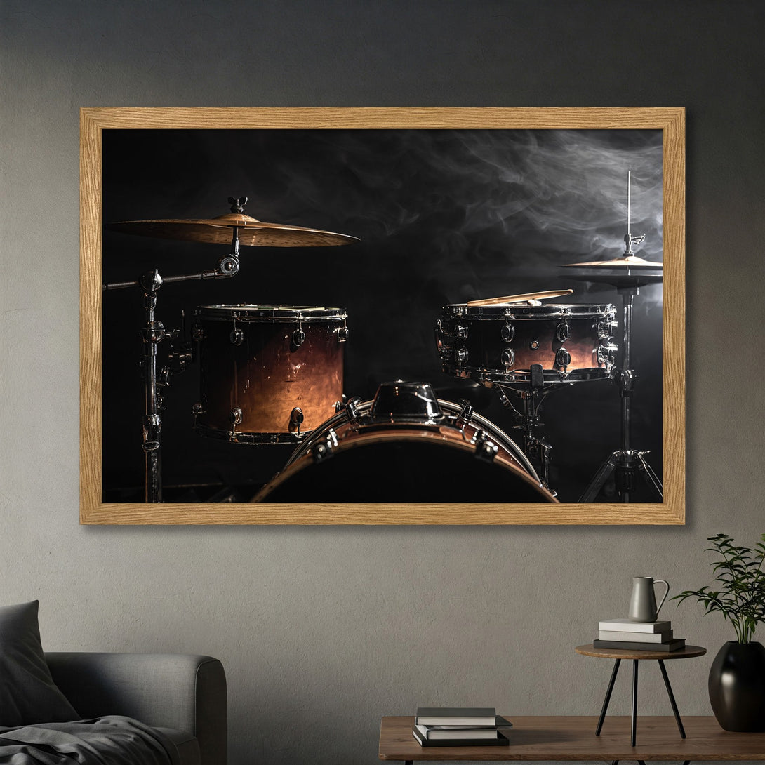 Framed Poster featuring a dramatic drum set with smoke, warm brown and black color palette, perfect for music lovers.