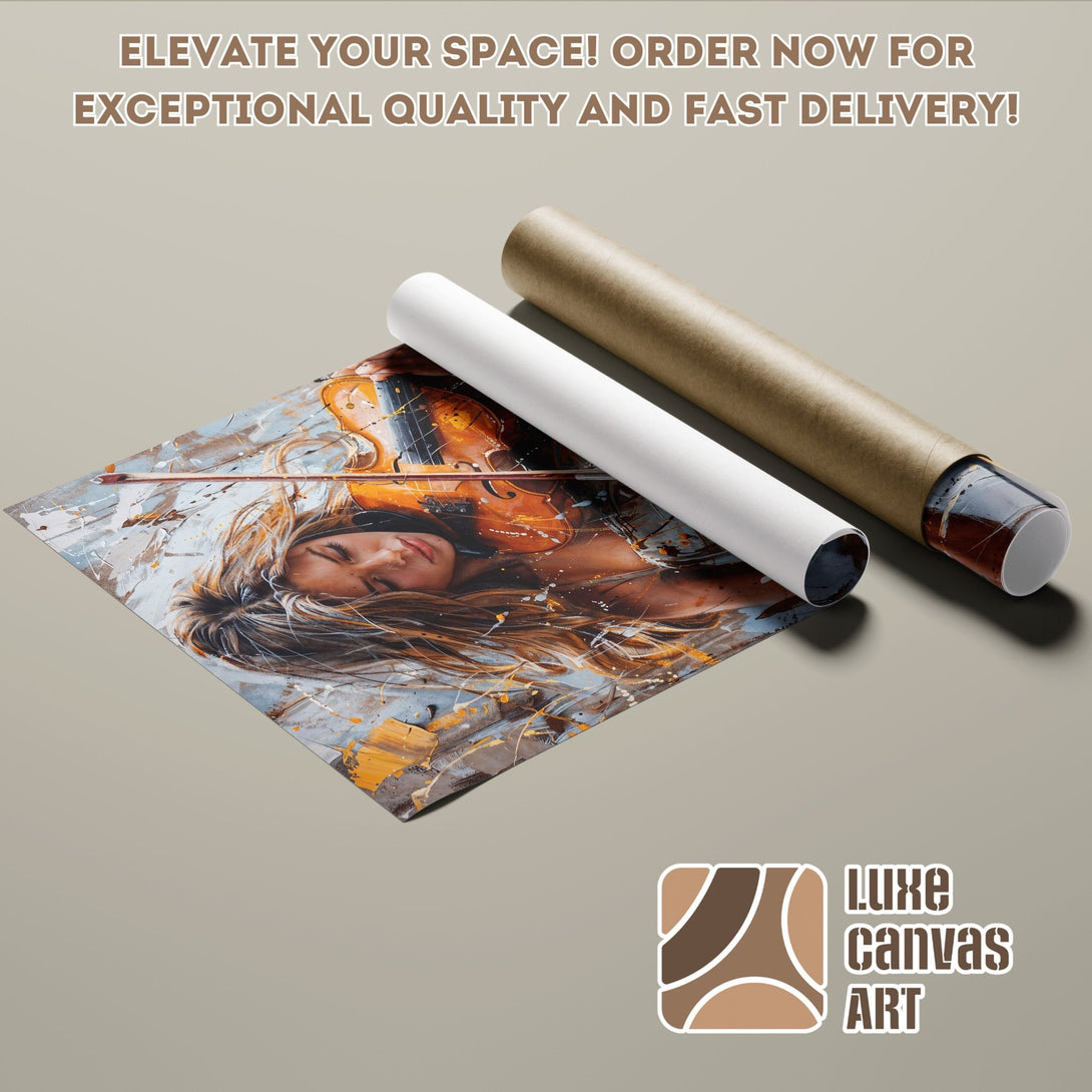 Poster Roll featuring a woman with a violin, abstract style, warm color palette. Elevate your space with Luxe Canvas Art!