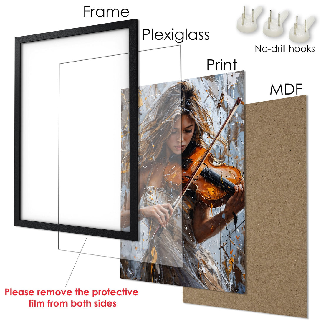 Framed Poster featuring a woman playing violin, artistic style with a neutral and orange color palette. Perfect wall art!