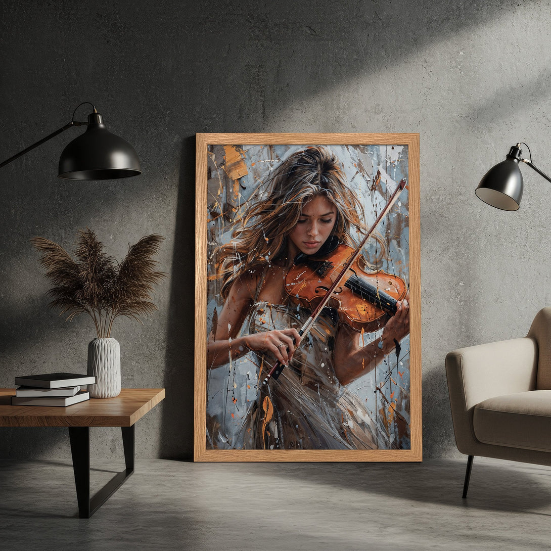 Framed Poster: Abstract painting of a violinist. Neutral color palette with splashes of orange and gray. Perfect wall art for any space.
