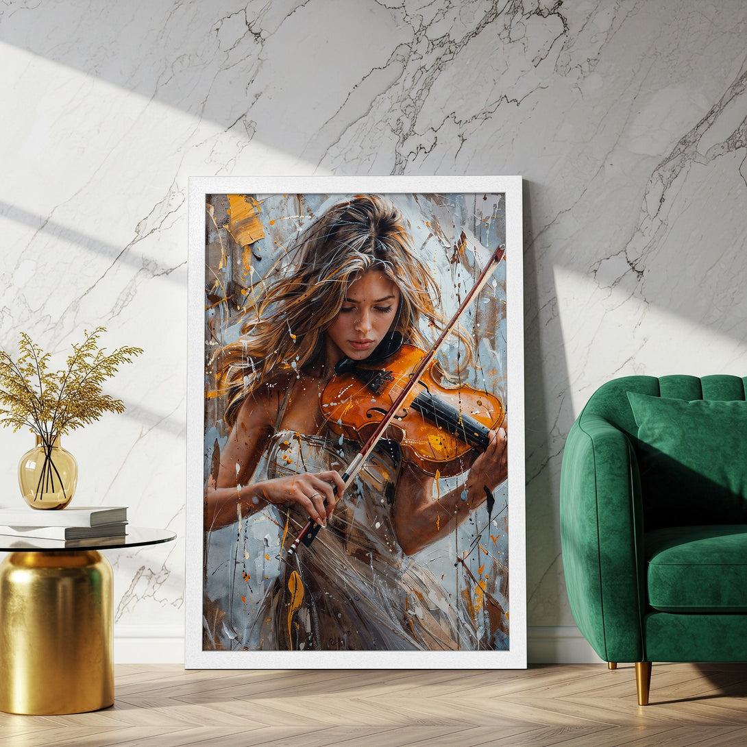Framed Poster featuring a woman playing violin, abstract style with neutral and gold tones. Perfect wall art!