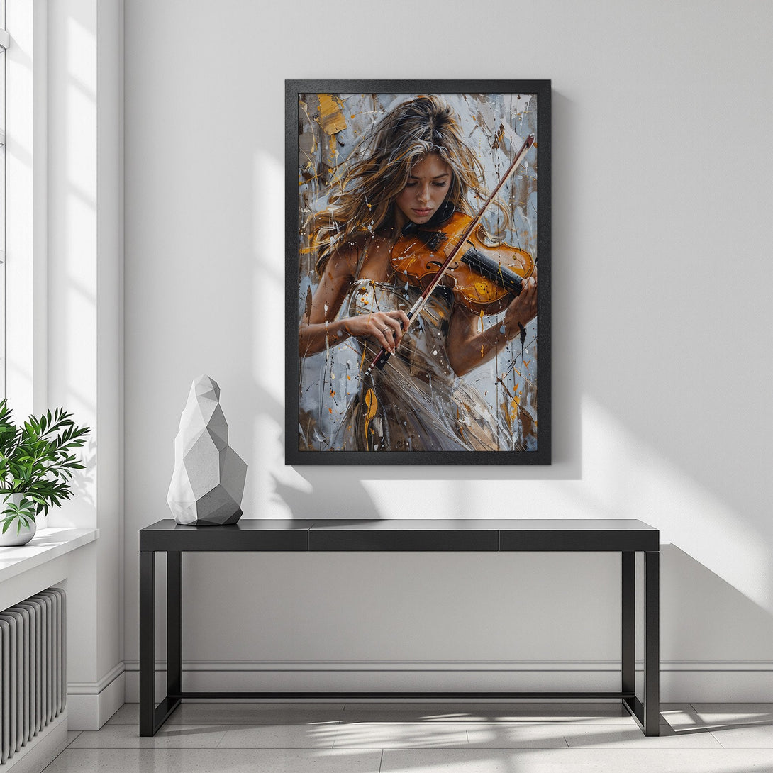 Framed Poster of a woman playing violin. Artistic style with a neutral, warm color palette. Perfect wall art for your home!