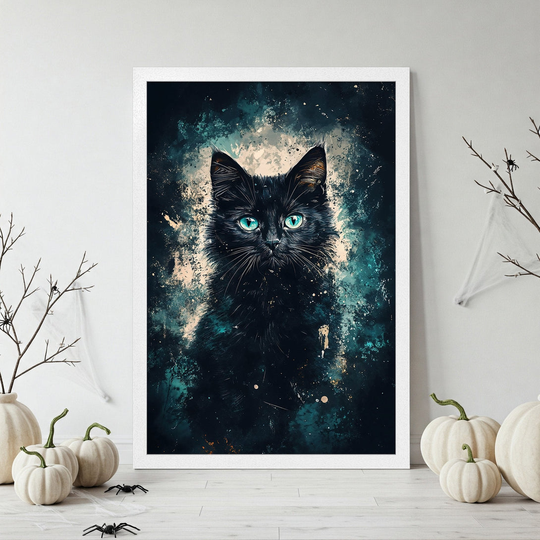 Framed Poster featuring a black cat with teal eyes. Artistic style with a dark teal and gold color palette. Perfect Halloween decor!