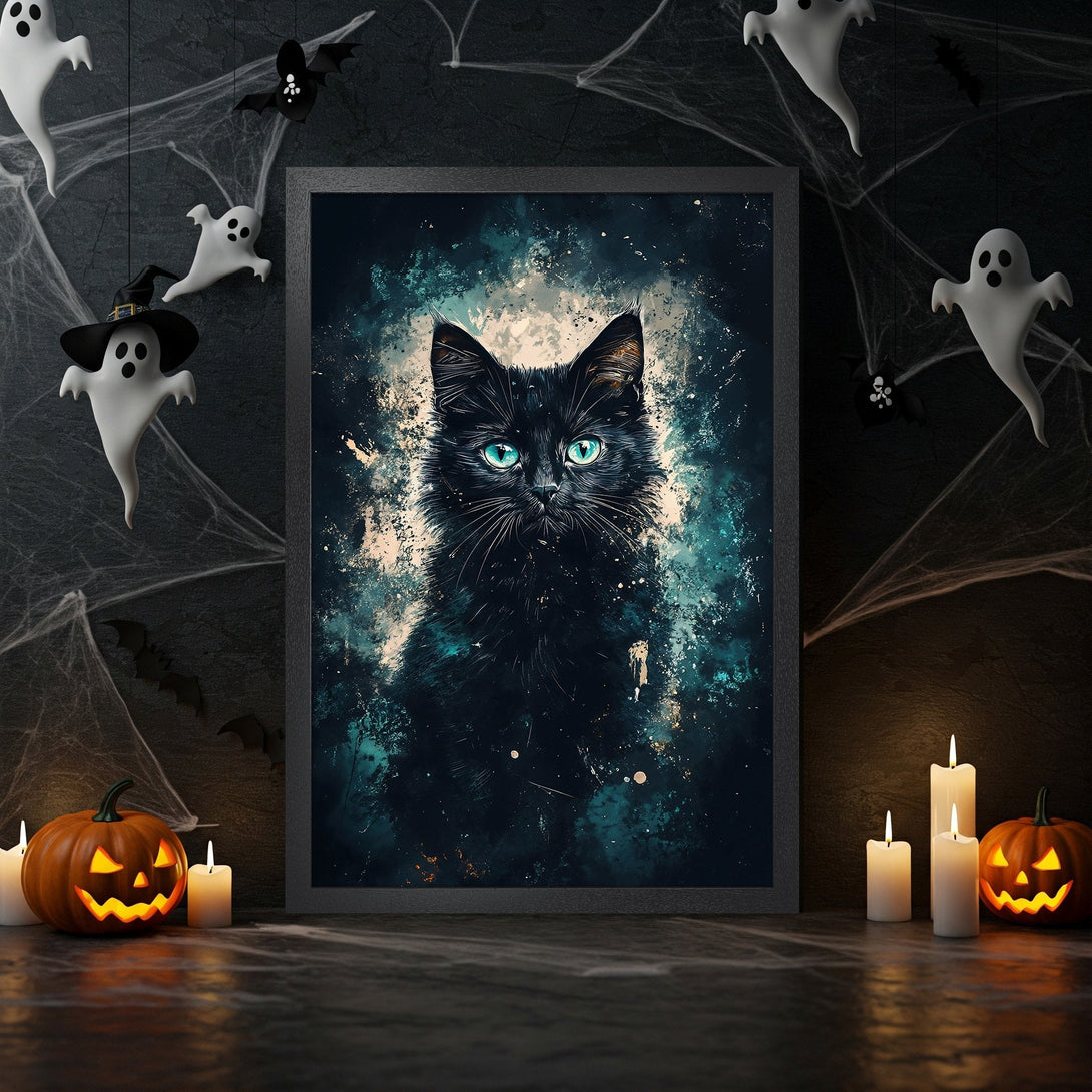 Framed Poster featuring a black cat with teal eyes, artistic style, dark teal and black palette. Perfect Halloween decor!