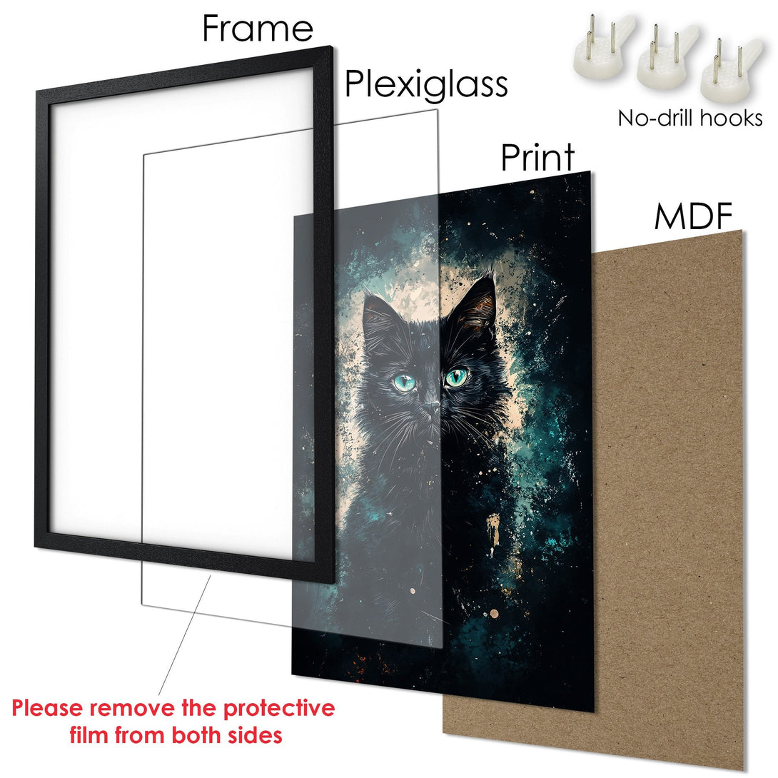 Framed Poster featuring a black cat with teal eyes, artistic style, and a dark teal and gold color palette. Perfect wall art!