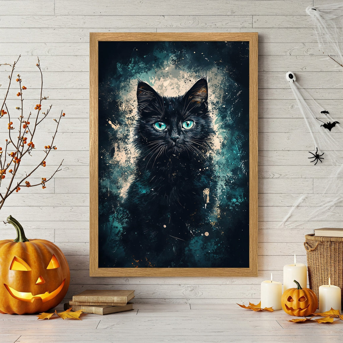 Framed Poster featuring a black cat with teal eyes, abstract style, and a dark teal and gold color palette, perfect for Halloween decor.