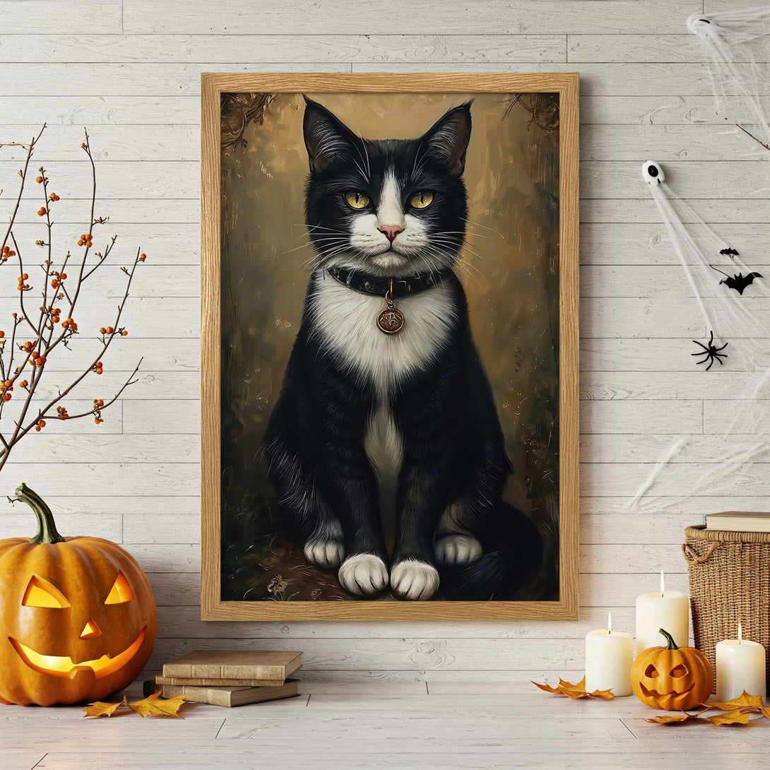 Framed Poster featuring a black and white cat portrait in a vintage style, with a warm, autumnal color palette. Perfect Halloween decor!