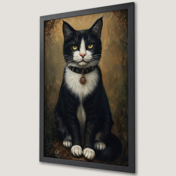 Framed Poster of a regal tuxedo cat, painted in a classic style with a warm, earthy color palette. Perfect cat art for your home!