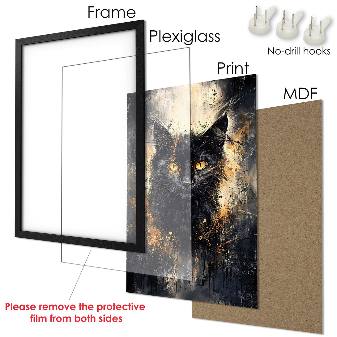 Framed Poster featuring a black cat in an abstract style, with a black, gold, and gray color palette. Perfect wall art!