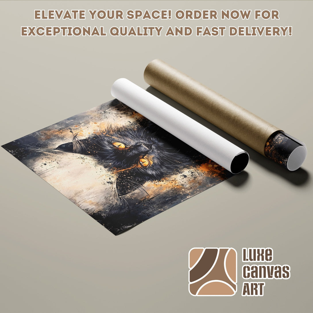 Poster Roll featuring a black cat art print, abstract style, with a neutral and orange color palette.