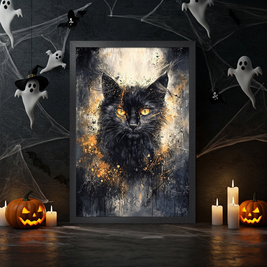 Framed Poster featuring a black cat with orange eyes, in a dark, artistic style. Perfect Halloween decor!