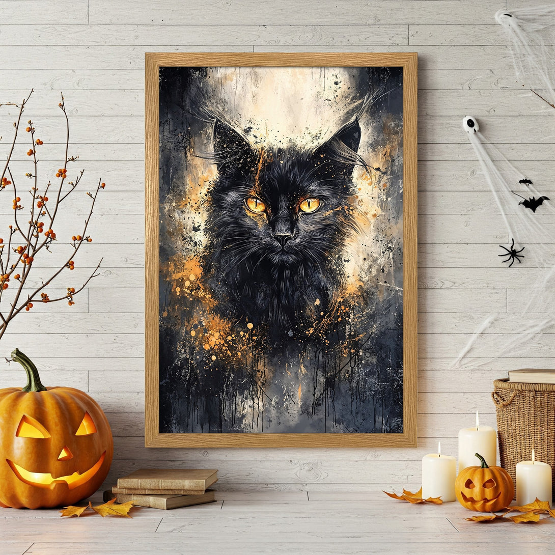 Framed Poster featuring a black cat in an abstract style with a dark, gold, and gray color palette. Perfect Halloween decor!